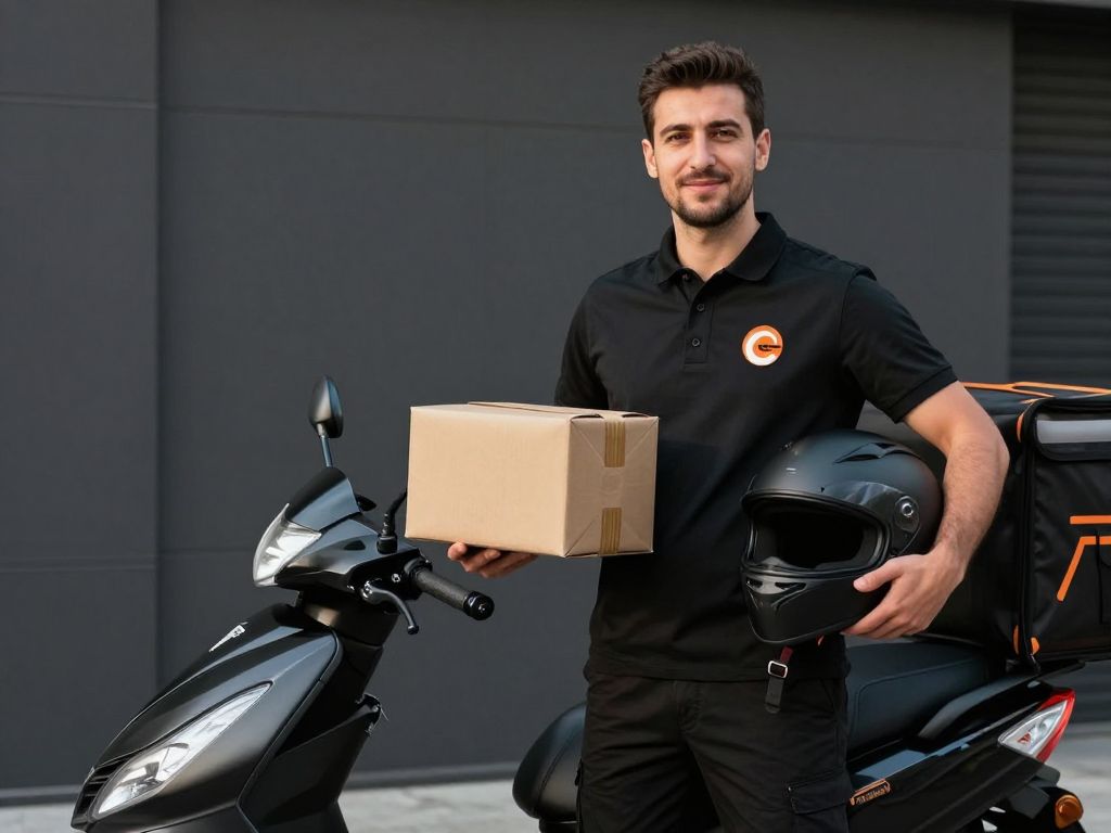 Siyah üniformalı, siyah kasklı Chat Go Delivery motorlu kuryesi paket teslim ediyor